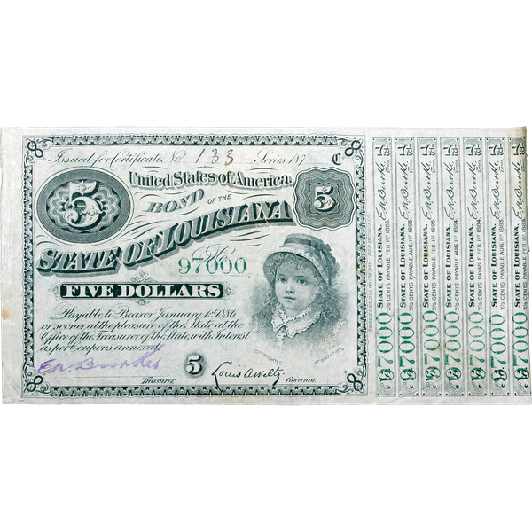 1880s Single Green-Serials $5 State of Louisiana Bond, Crisp Unused