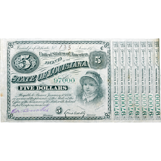 1880s Single Green-Serials $5 State of Louisiana Bond, Crisp Unused